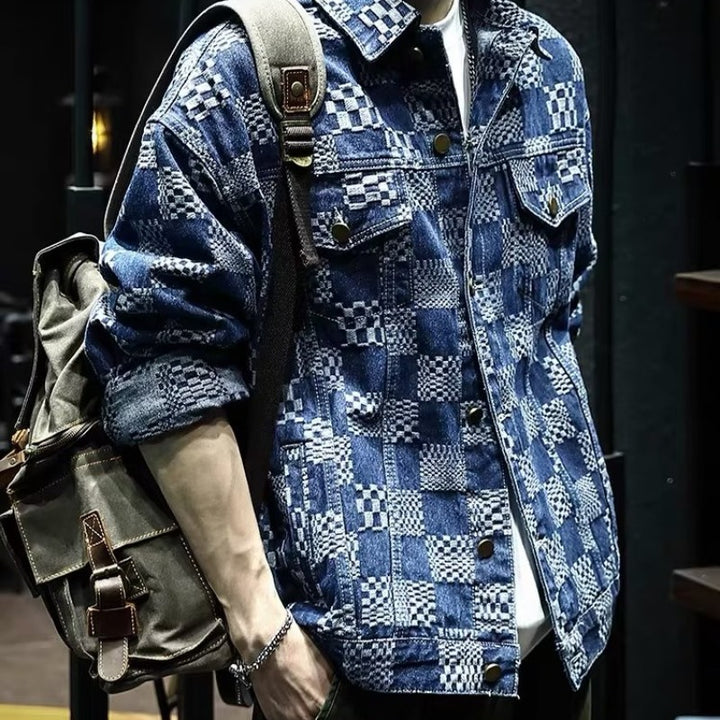 Herren Modische Denimjacke mit einzigartigem Karomuster Drune