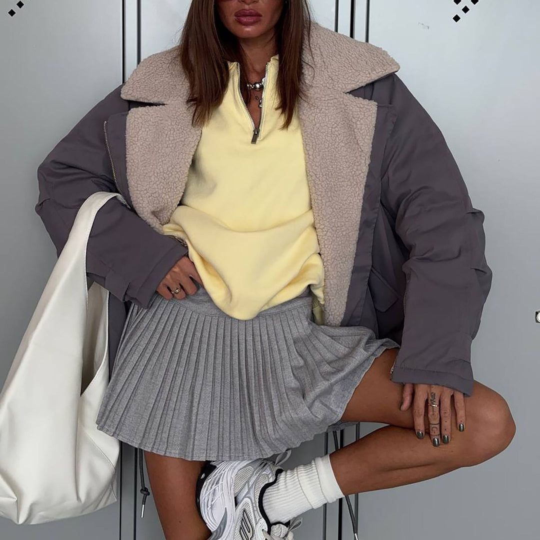 Damen Modische Oversized Jacke mit Teddyfutter Drune