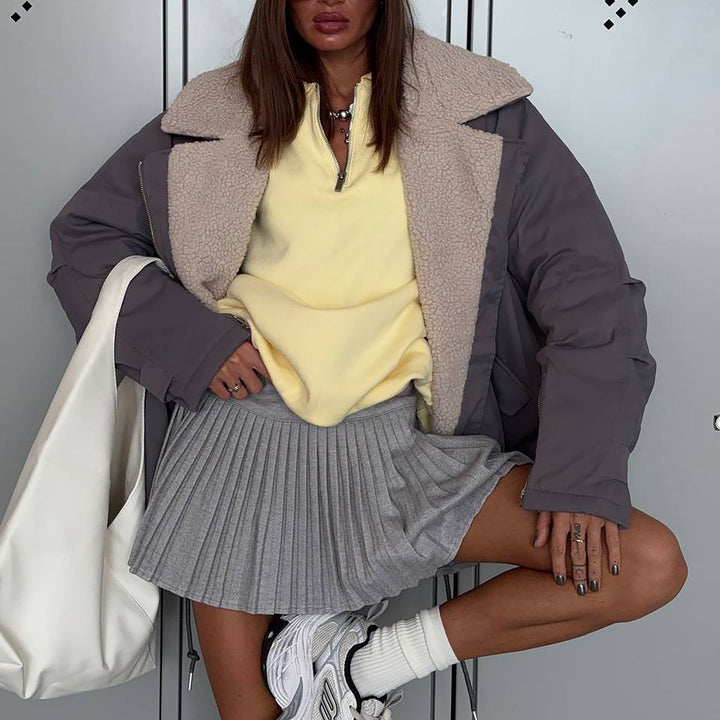 Damen Modische Oversized Jacke mit Teddyfutter Drune
