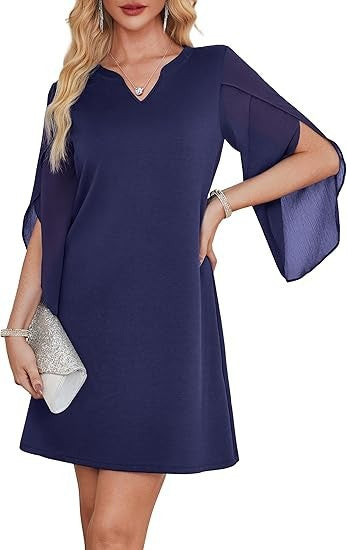 Damen V-Ausschnitt Kleid mit transparenten Ärmeln Drune