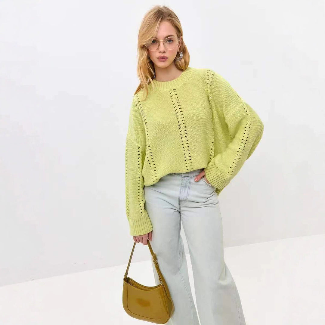 Damen Oversized Strickpullover mit feinem Ajourmuster und breitem Rippabschluss Drune