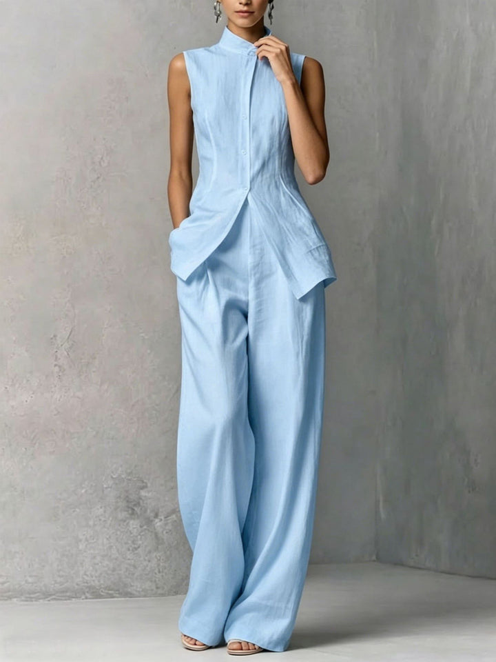Damen Ärmelloser Leinen-Jumpsuit mit Stehkragen und weitem Bein Drune