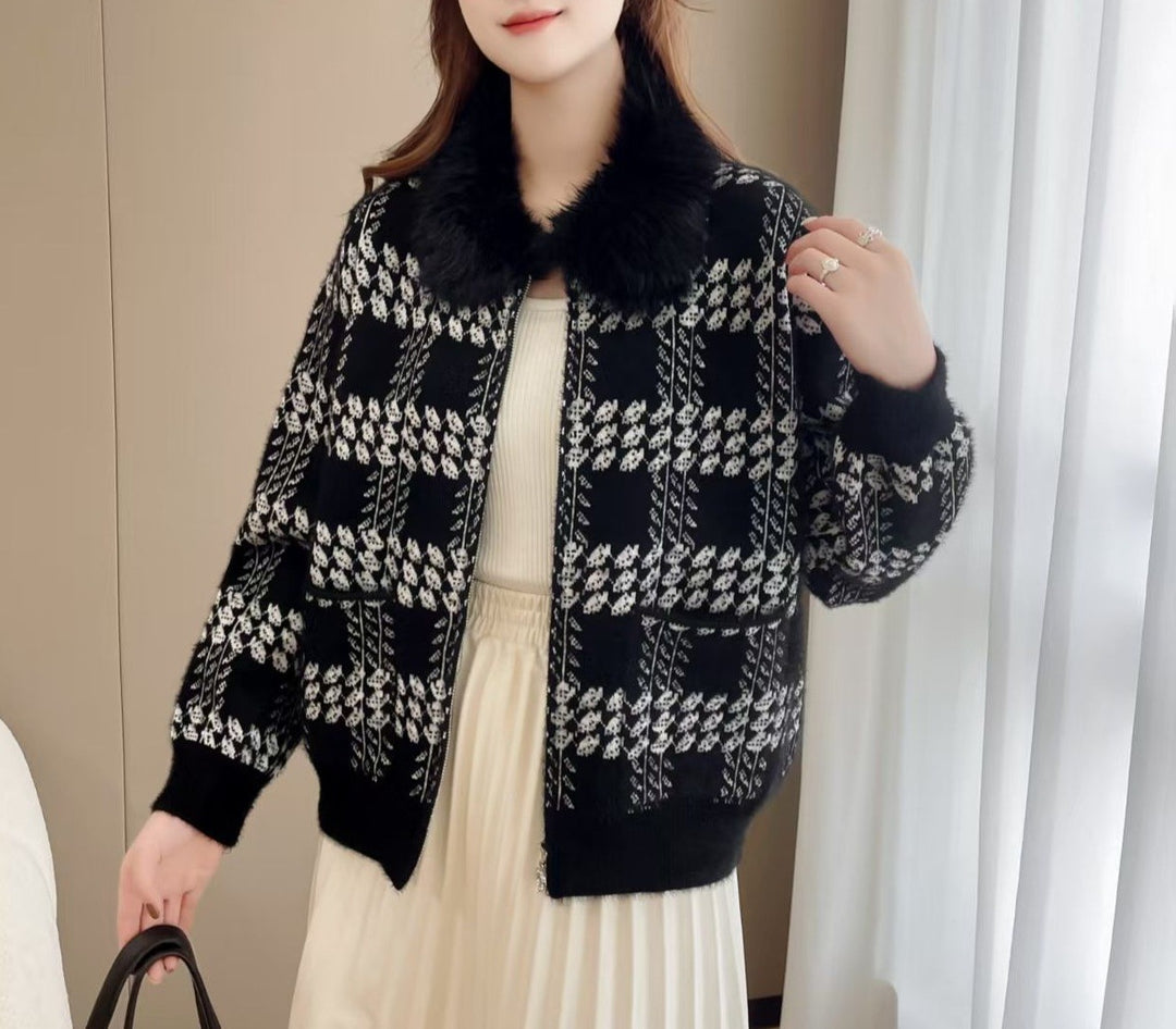 Damen Designer Strickjacke mit luxuriösem Kunstfellkragen Drune