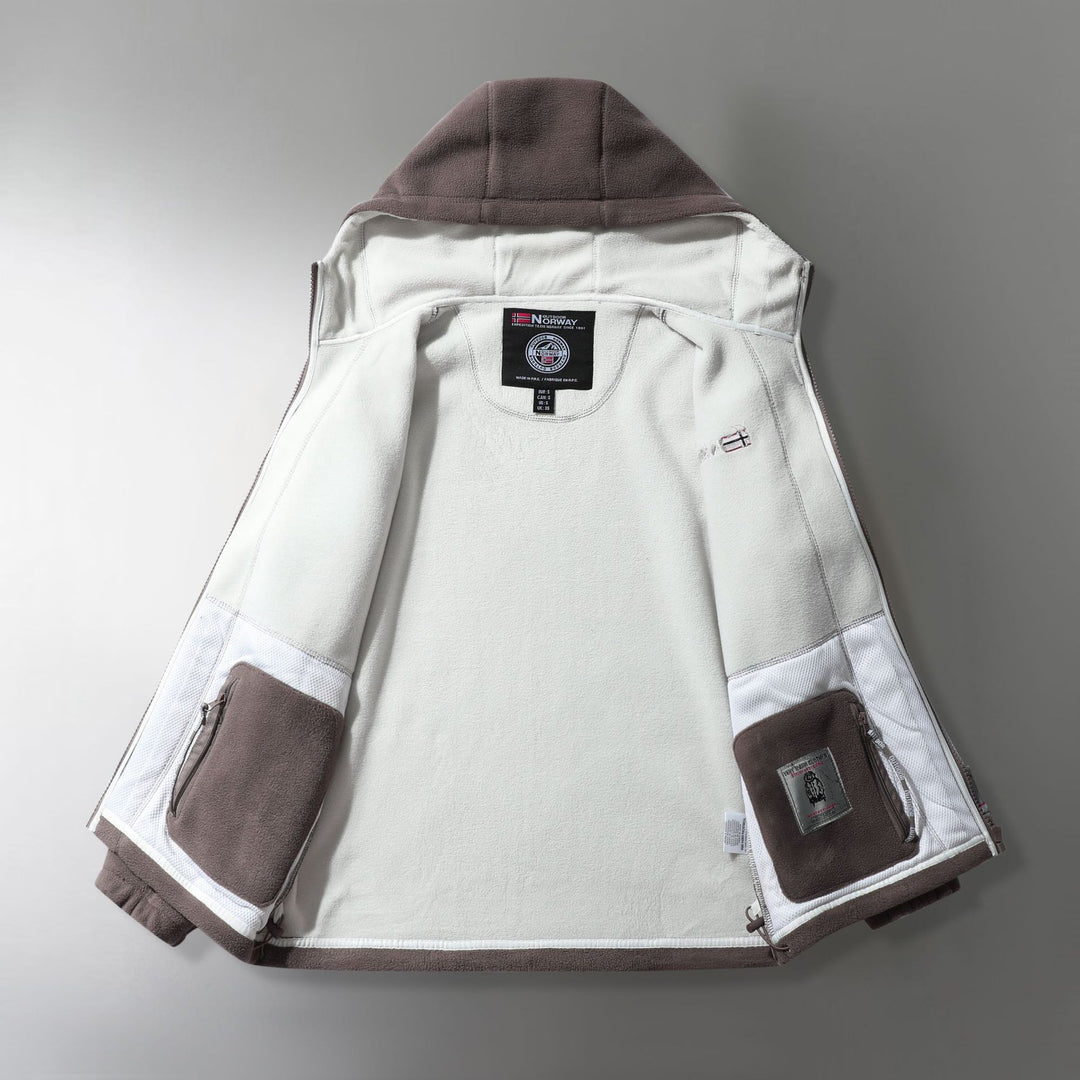Herren Microfleece-Outdoorjacke mit Kapuze, windabweisender Struktur und Logo-Patch Drune