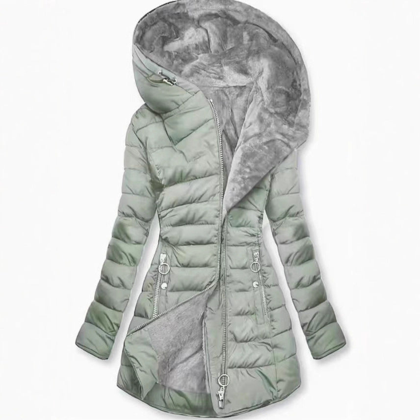Damen Taillierter Steppmantel mit Oversize-Kapuze, kuscheligem Teddyfutter und Zierringen am Reißverschluss Drune