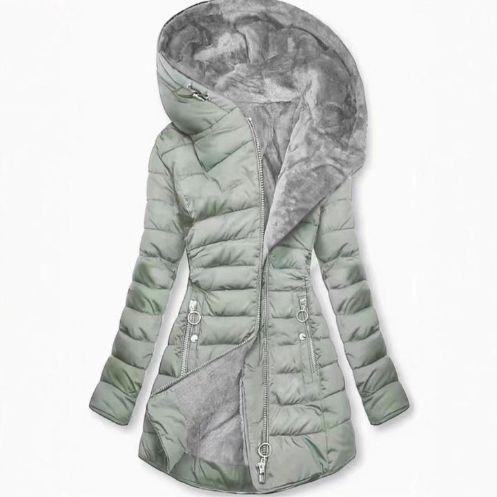 Damen Taillierter Steppmantel mit Oversize-Kapuze, kuscheligem Teddyfutter und Zierringen am Reißverschluss Drune