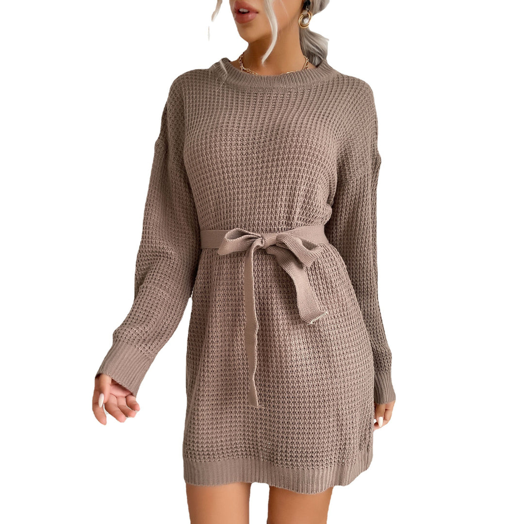 Damen Waffelstrick-Minikleid mit Tunnelzug-Taillengürtel und geripptem Saum Drune