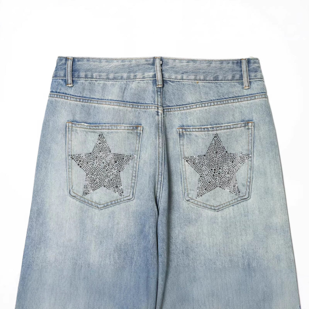 Damen Jeanshose mit weitem Bein und Sternen-Strassbesatz Drune