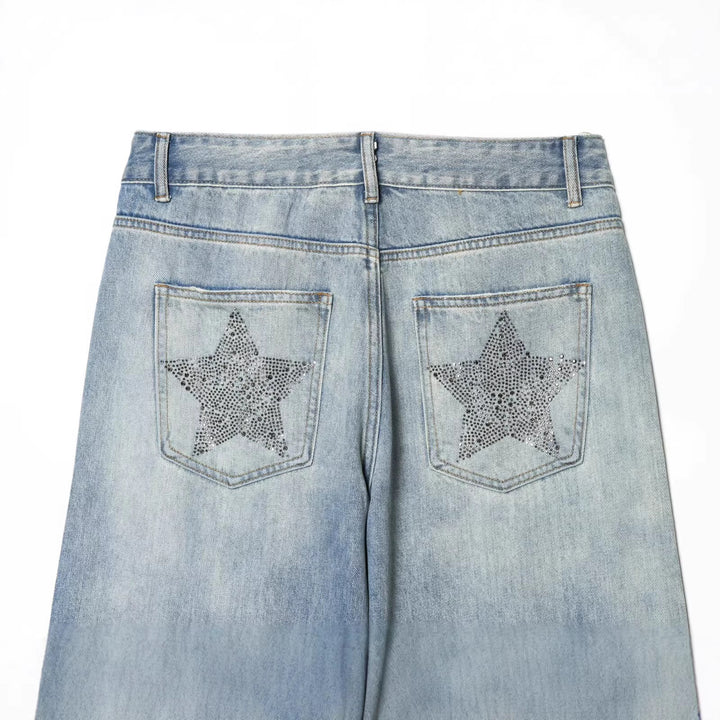 Damen Jeanshose mit weitem Bein und Sternen-Strassbesatz Drune