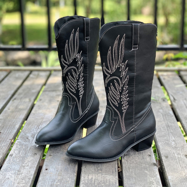 Damen Cowboy-Stiefel mit hohem Absatz und kunstvollen Stickereien Drune