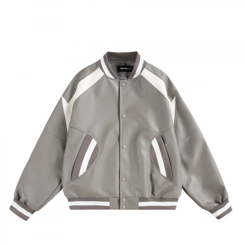 Unisex Boxy Oversize Kunstleder‑Bomberjacke mit Kontrastpaneelen und Rippenbündchen Drune