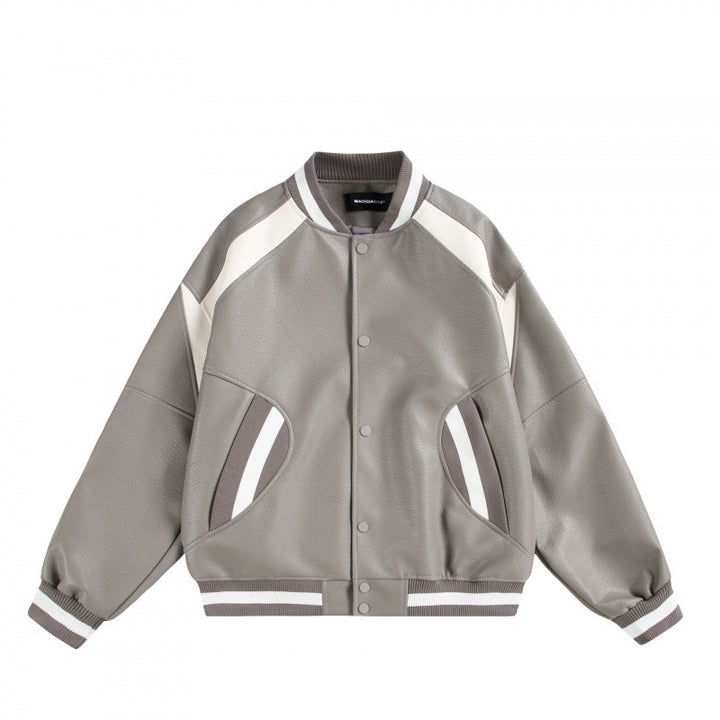 Unisex Boxy Oversize Kunstleder‑Bomberjacke mit Kontrastpaneelen und Rippenbündchen Drune
