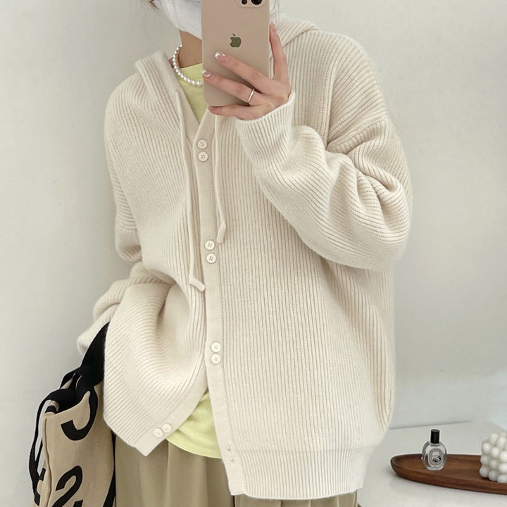 Damen lässige Strickjacke mit Kapuze und Knopfdetails Drune