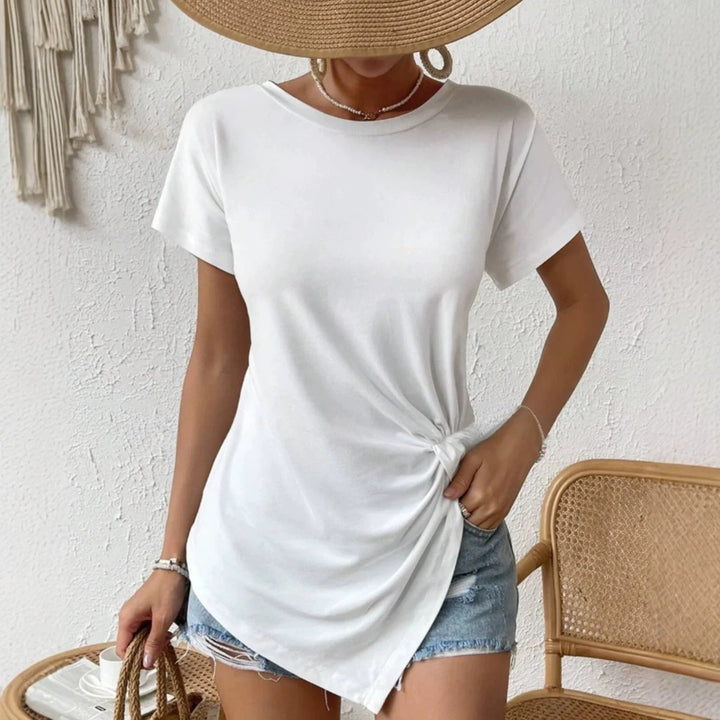 Damen nan asymmetrisches Knotenshirt mit seitlicher Drehung und verlängertem Zipfelsaum Drune