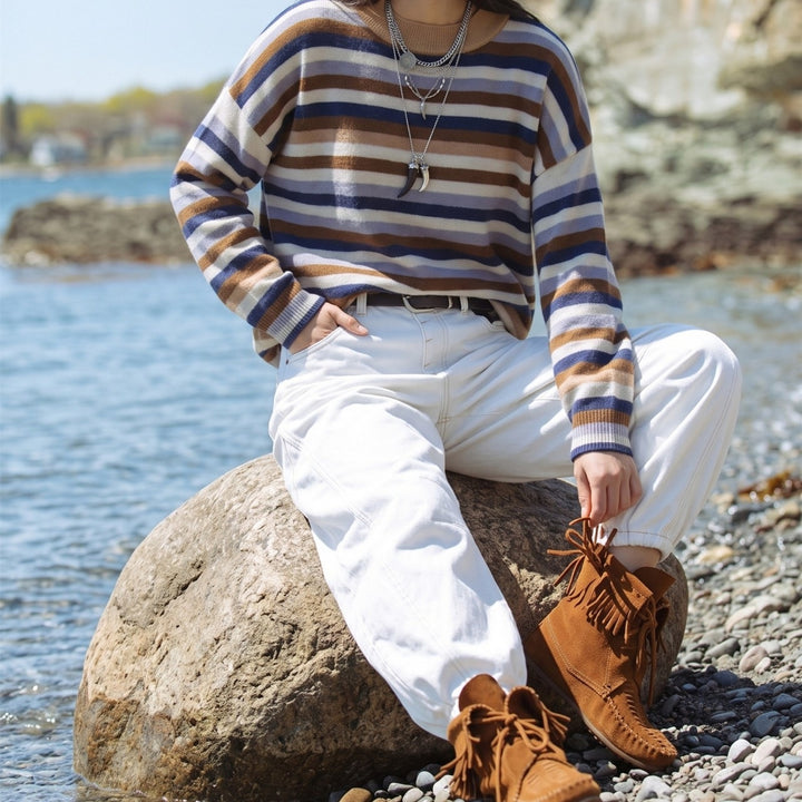 Damen Gestreifter Strickpullover mit Polokragen & Knopfleiste Drune