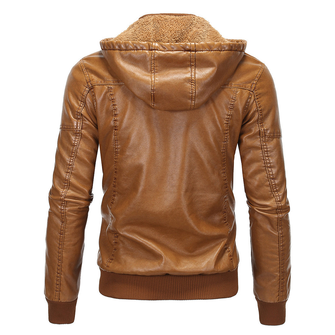 Herren Vintage-inspirierte Kunstleder-Bomberjacke mit Teddyfutter, Stehkragen und Brusttaschen Drune