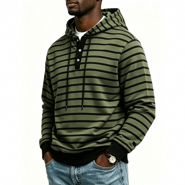 Herren Kapuzenpullover mit Henley-Knopfleiste und feinem Streifenstrukturmuster Drune
