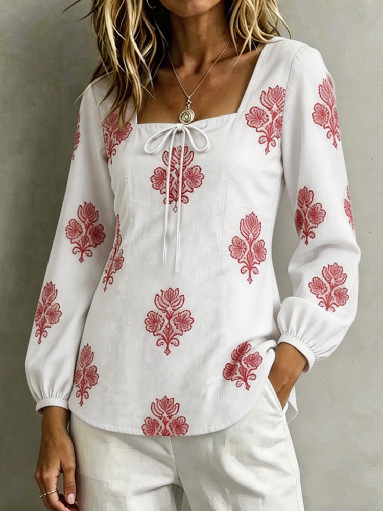 Damen Bestickte Tunika-Bluse mit quadratischem Ausschnitt und femininen Ballonärmeln Drune