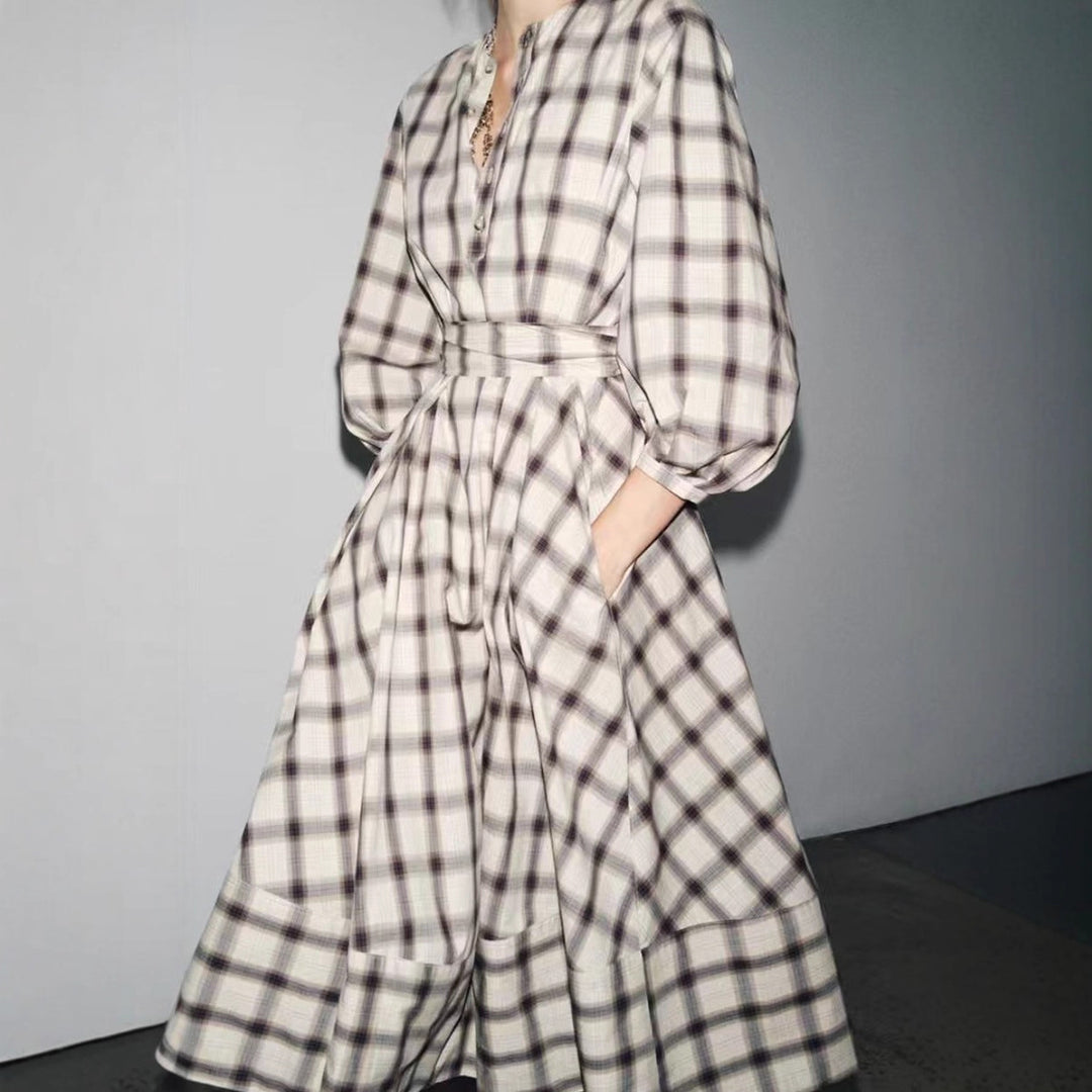 Damen nan kariertes Midikleid mit Ballonärmeln, Taillengürtel und Zierknopfleiste Drune