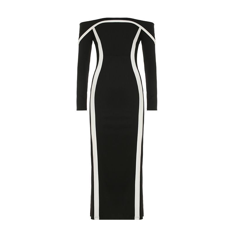 Damen nan figurbetontes Off-Shoulder-Maxikleid mit langen Ärmeln und Kontrastpaspeln Drune