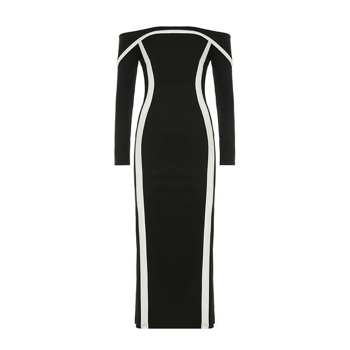 Damen nan figurbetontes Off-Shoulder-Maxikleid mit langen Ärmeln und Kontrastpaspeln Drune