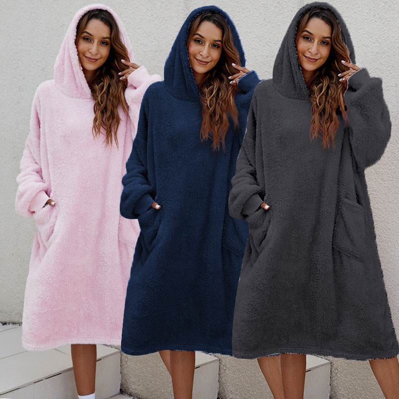Damen gemütliches Fleece-Hoodie-Kleid mit praktischen Taschen und großer Kapuze Drune