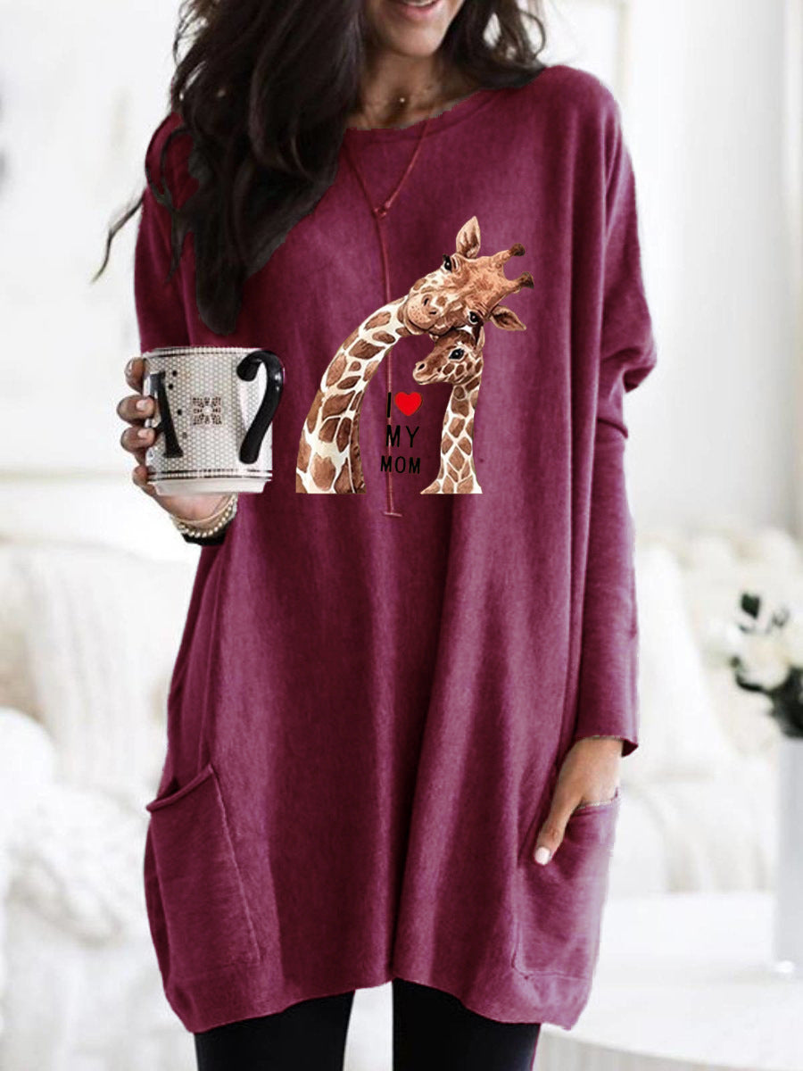 Frauen Übergroße Sweatkleid mit Giraffenmuster, Rundhalsausschnitt und Seitentaschen Drune