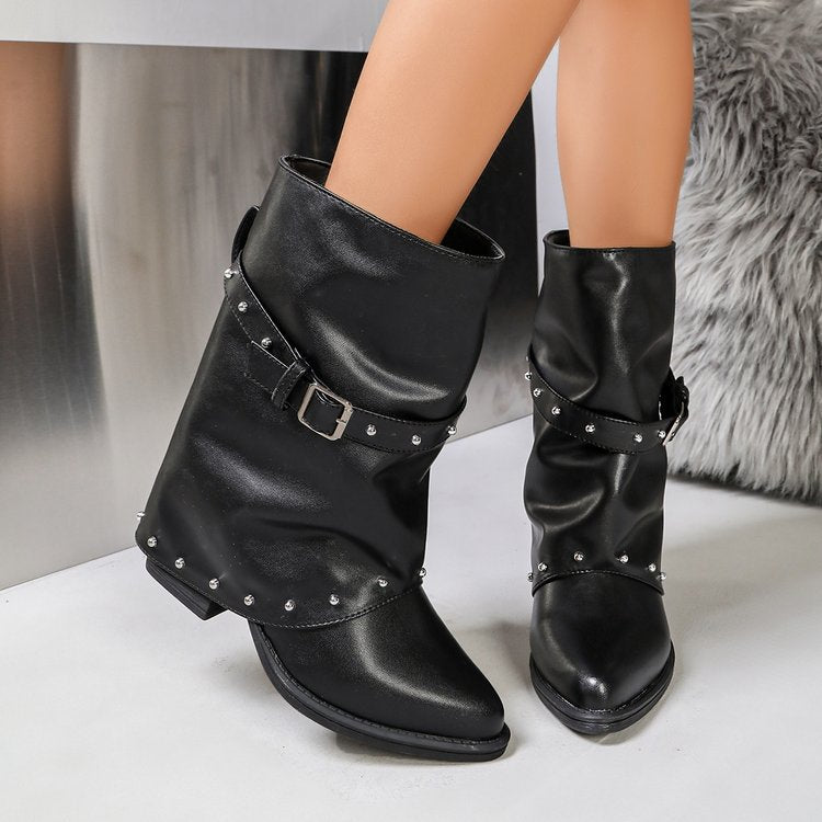 Damen Modische Boots mit Nieten und Gürteldetails Drune