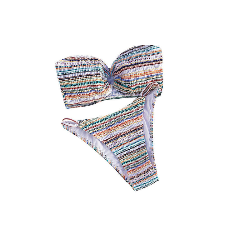 Damen Bandeau-Bikini mit raffinierten Rüschen und buntem Streifenmuster Drune
