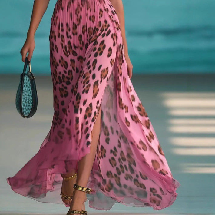 Damen nan Maxikleid mit tiefem V-Ausschnitt, geflochtenem Halter, Leopardenprint, plissiertem Chiffonrock und seitlichem Beinschlitz Drune