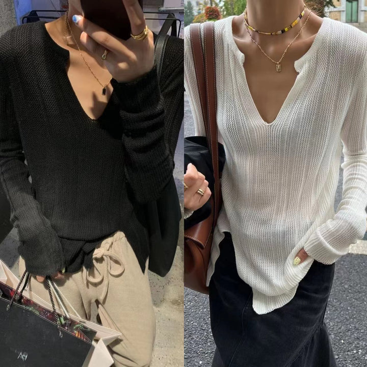 Damen Grobstrickpullover mit V-Ausschnitt und langen Ärmeln Drune