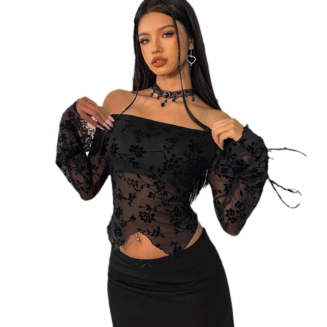 Damen nan transparentes Mesh-Top mit floraler Samt-Flock-Applikation, Carmen-Ausschnitt und kurzem Taillen-Saum Drune