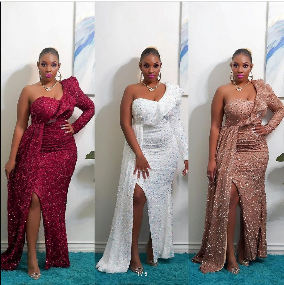 Damen Funkelndes Abendkleid mit asymmetrischem Design und fließendem Rock Drune
