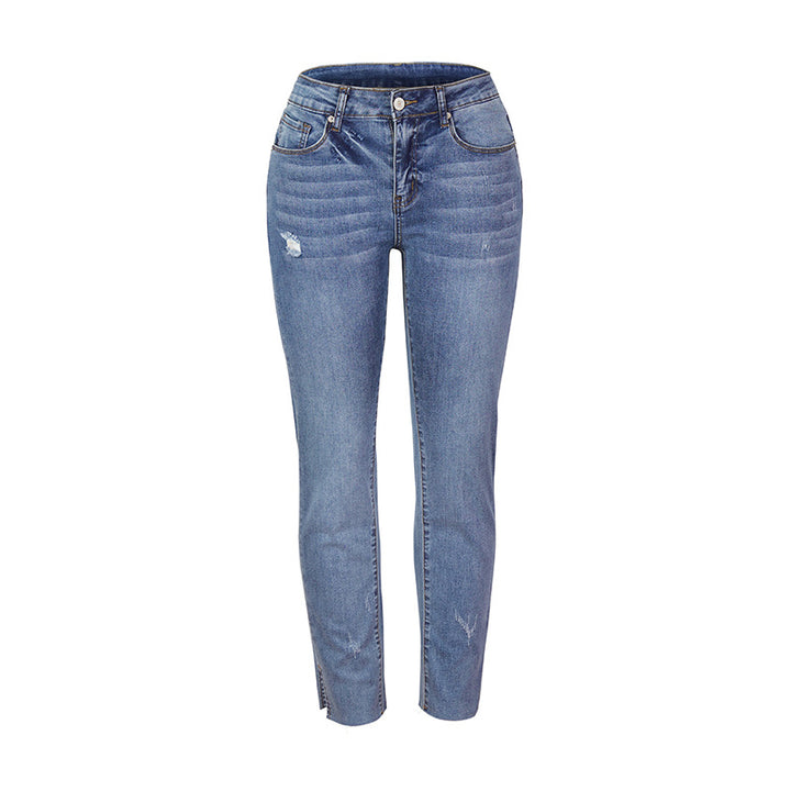 Damen Figurbetonte Hochtaillierte Knöchellange Jeans mit leicht ausgefranstem Saum Drune