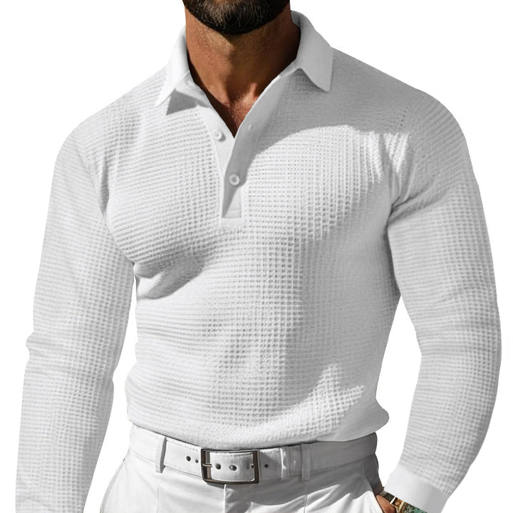 Herren Waffelstruktur-Poloshirt mit Langarm, Slim-Fit und Kentkragen Drune