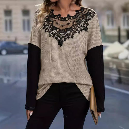Damen Elegantes Strickoberteil mit gehäkeltem Spitzenkragen Drune