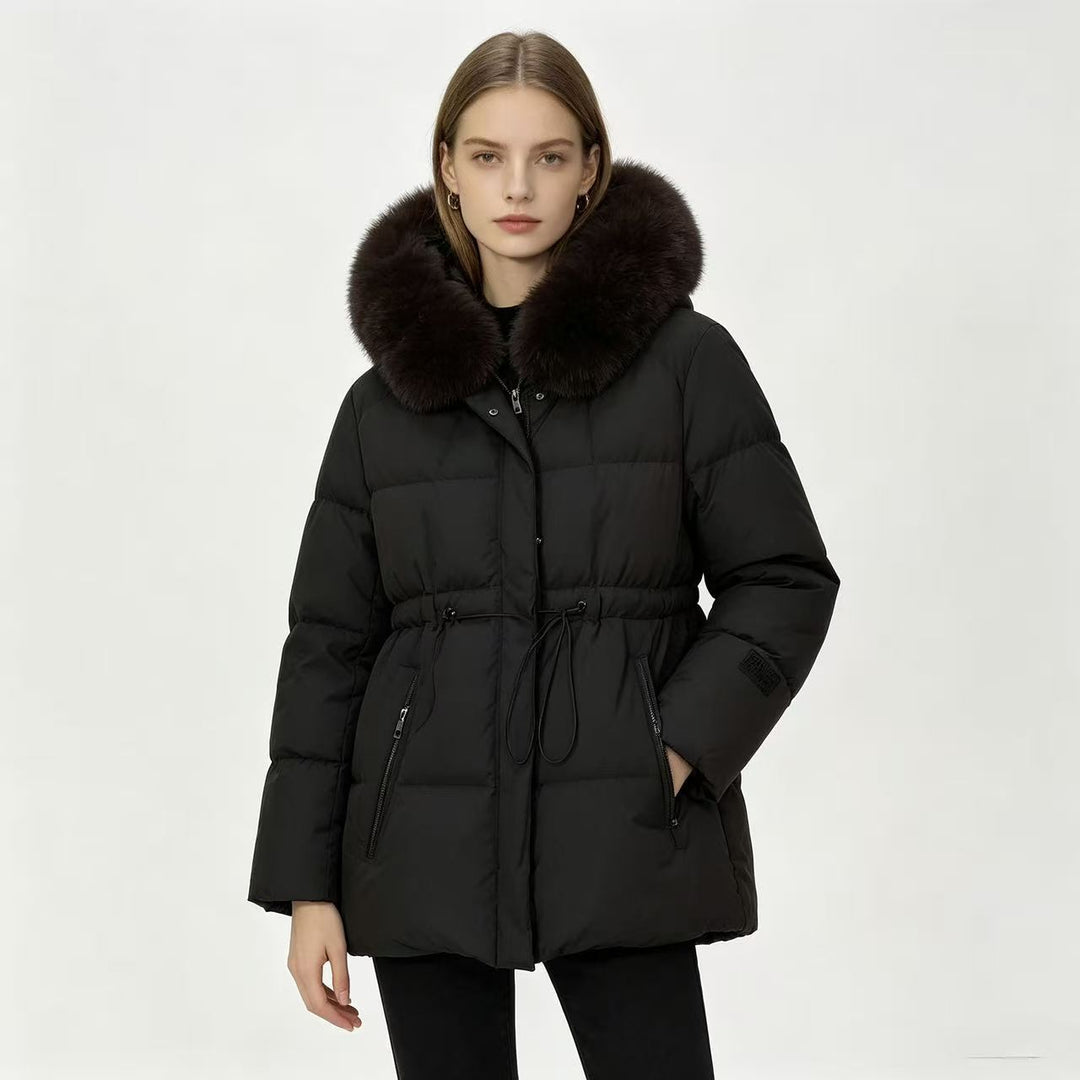 Damen nan kurze wattierte Steppjacke mit Kordelzugtaillierung und voluminösem Fellkragen Drune