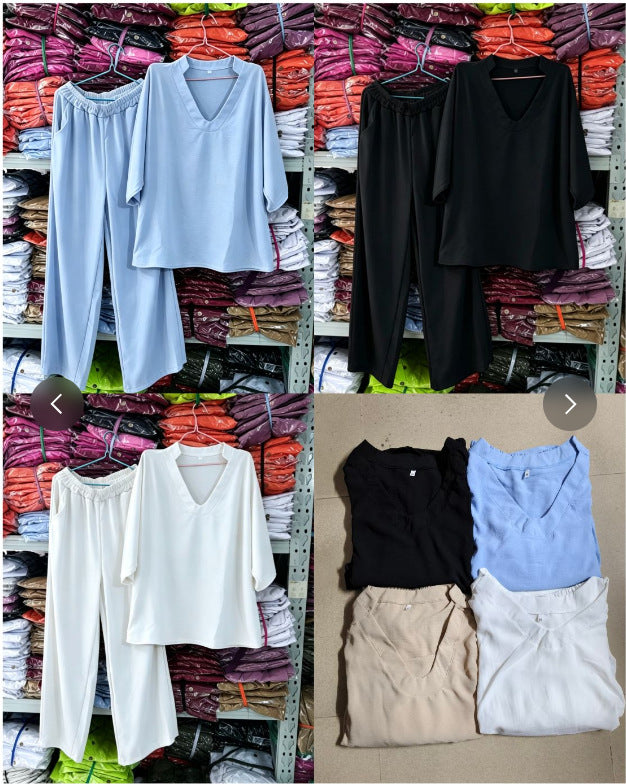 Damen nan lässiges zweiteiliges Leinenoptik-Set mit tiefem V-Ausschnitt, Oversize-Bluse und weitem Palazzo-Hosen Drune