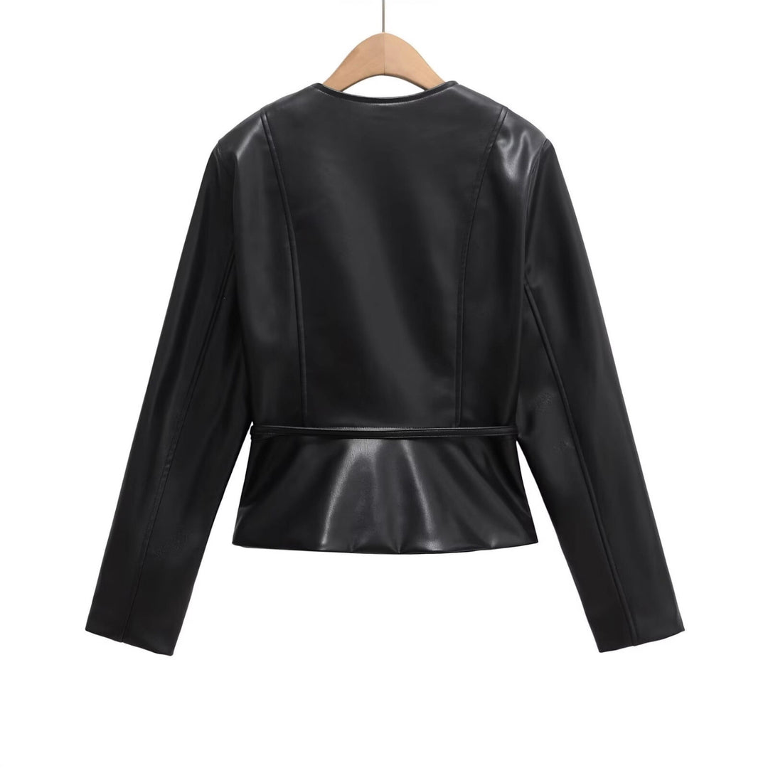 Damen Kollierlose Kunstlederjacke mit Reißverschluss und Taillenband Drune