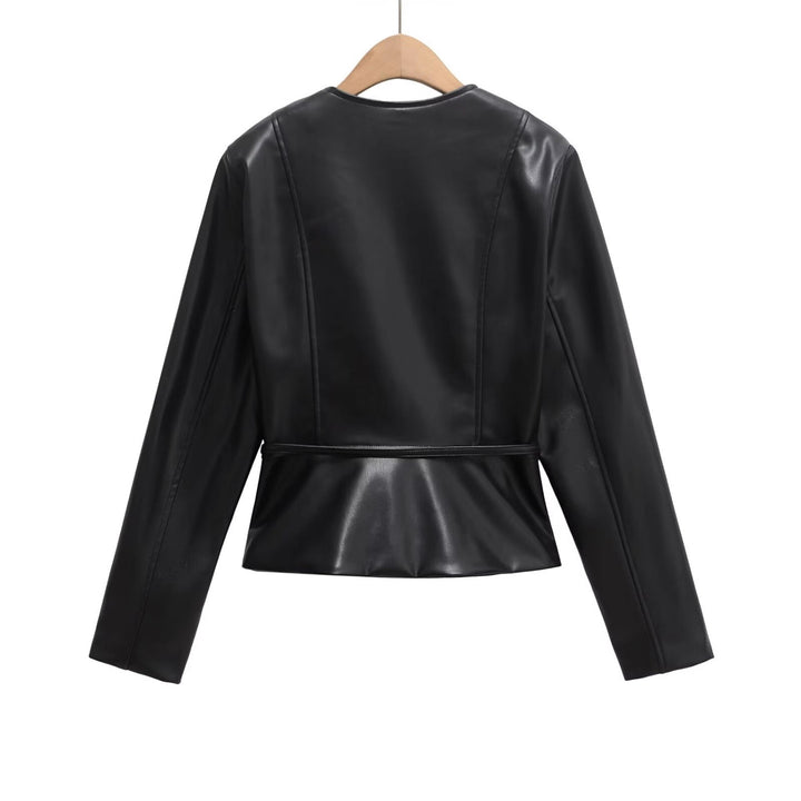 Damen Kollierlose Kunstlederjacke mit Reißverschluss und Taillenband Drune