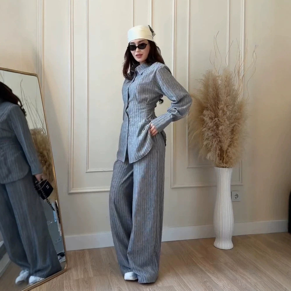 Damen Leichtes Leinen-Loungewear-Set mit Oversize-Hemd und weiter Bundhose Drune