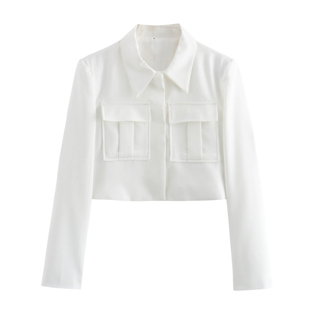 Damen nan kurz geschnittene Cropped-Hemdjacke mit Hemdkragen und aufgesetzten Pattentaschen Drune