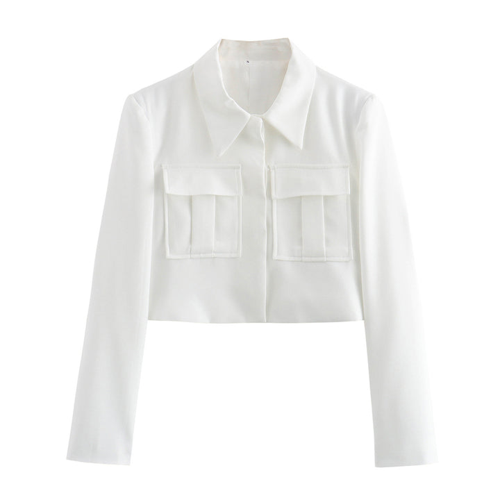 Damen nan kurz geschnittene Cropped-Hemdjacke mit Hemdkragen und aufgesetzten Pattentaschen Drune