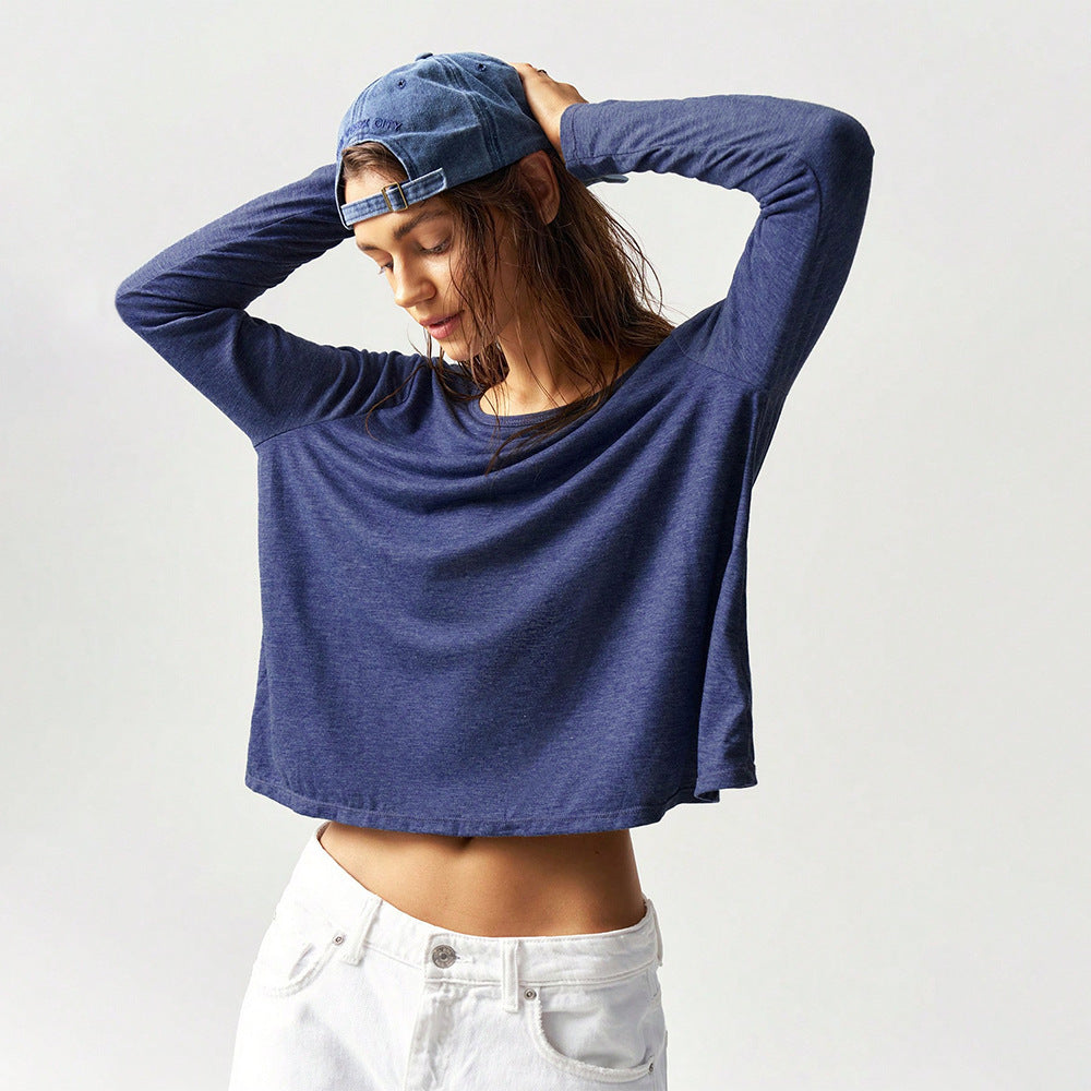 Damen legeres Cropped-Longsleeve mit weiter Oversize-Passform und gerundetem Saum Drune