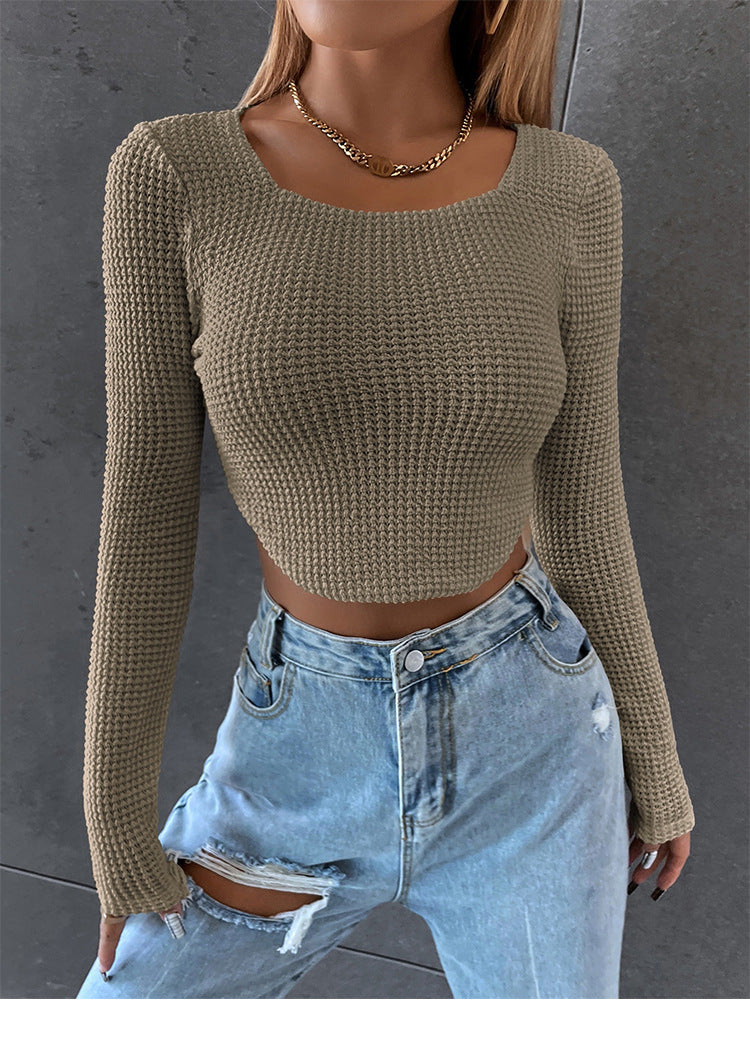 Damen Figurbetontes Cropped‑Waffel‑Stricktop mit U‑Boot‑Ausschnitt Drune