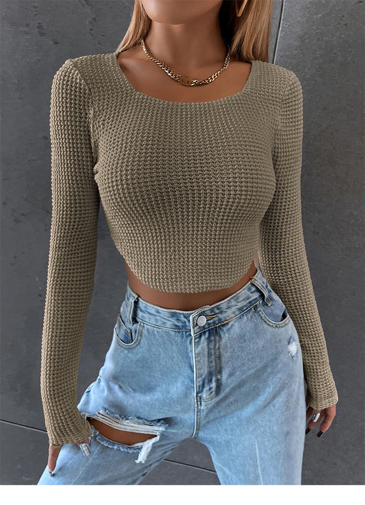 Damen Figurbetontes Cropped‑Waffel‑Stricktop mit U‑Boot‑Ausschnitt Drune