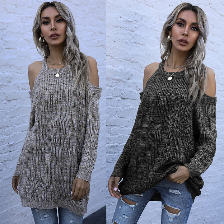Damen Schulterfreier Grobstrickpullover mit Cut-Out-Detail, Oversize-Passform und geripptem Saum Drune