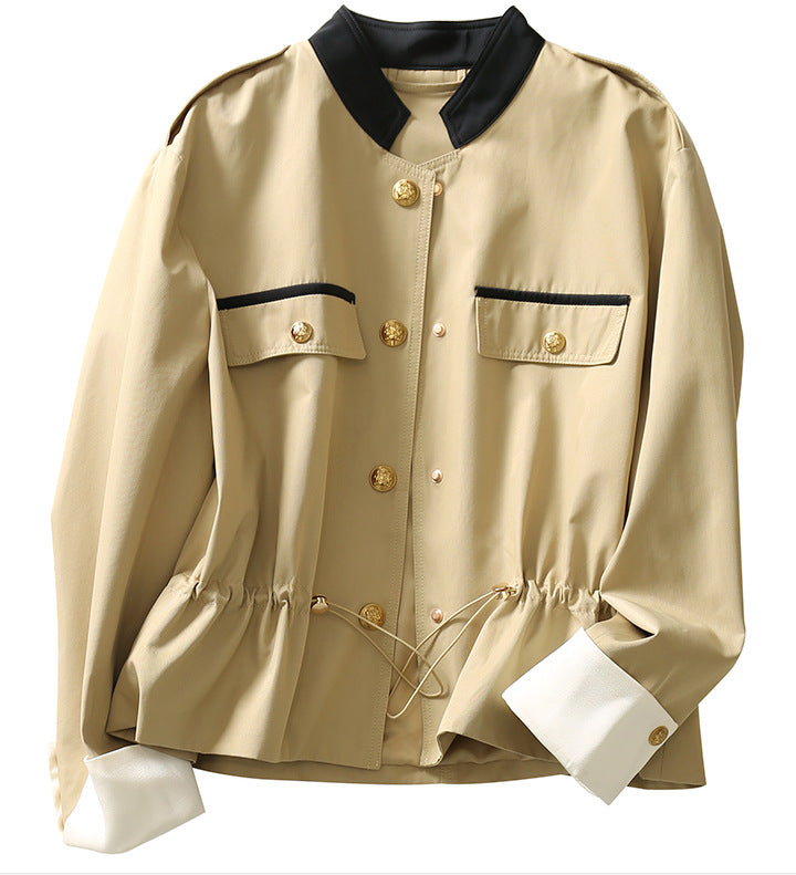 Damen Modische Jacke mit Stehkragen und Knopfleiste Drune