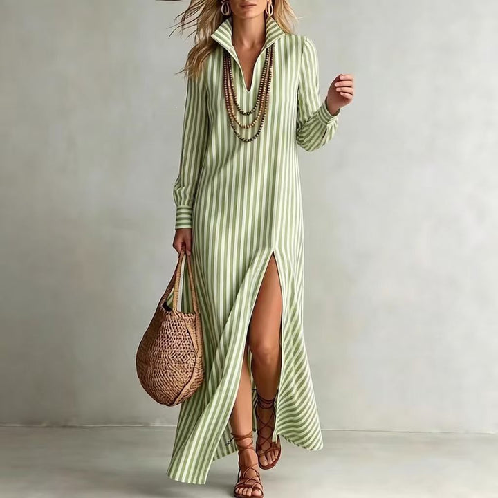 Damen Langes Hemdkleid im Streifen-Look mit Kragen, langen Ärmeln und hohem Beinschlitz Drune