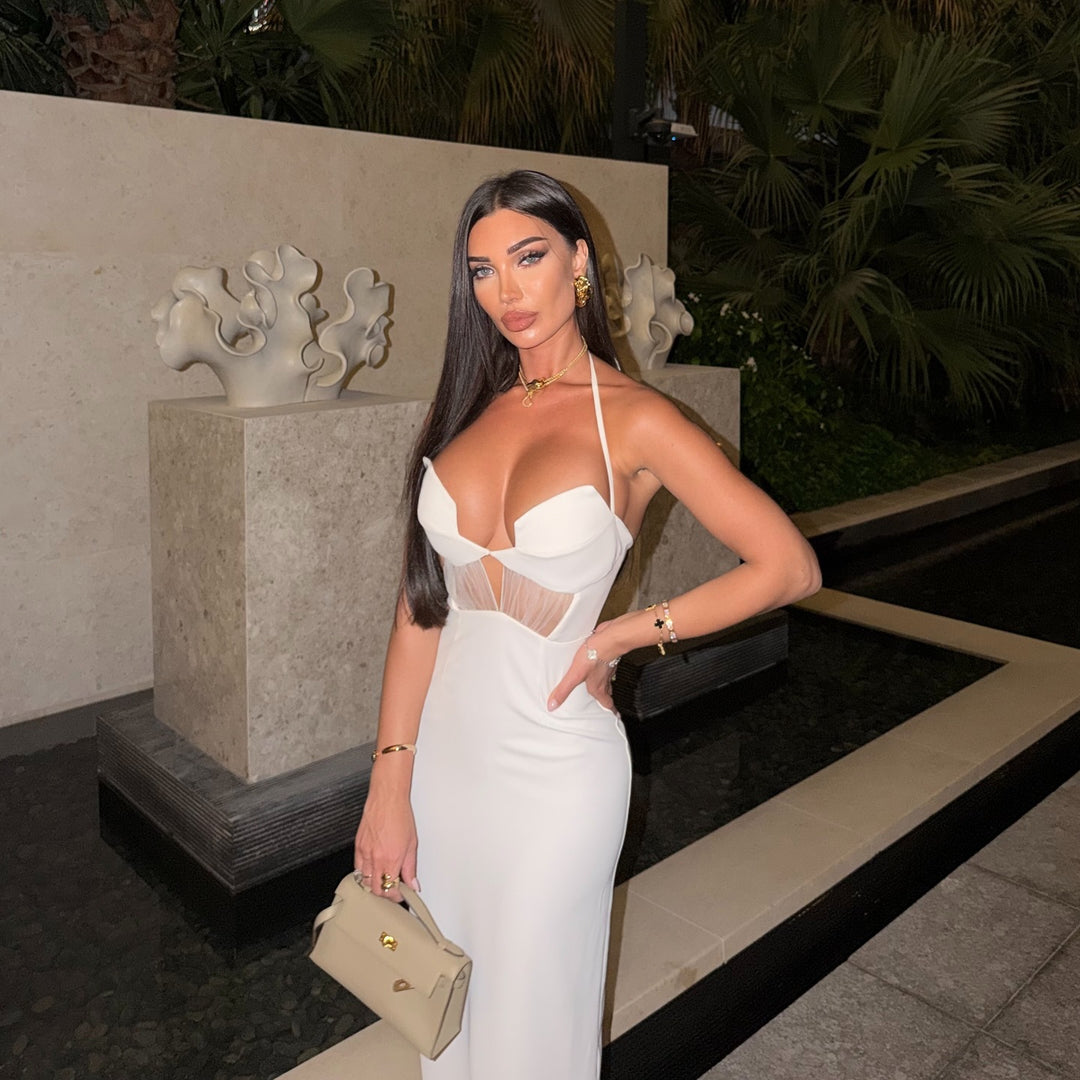 Damen elegantes Cut-Out Maxikleid mit tiefem V-Ausschnitt und transparenten Akzenten Drune
